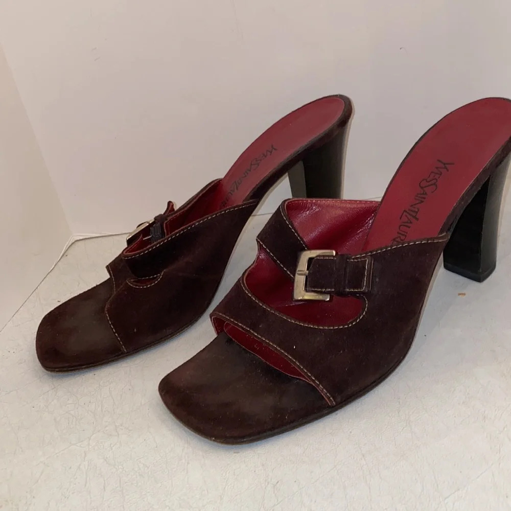 Yves Saint Laurent Brown Suede Vintage Square Toe Buckle Sandal Heel Pumps - Picture 4 of 13